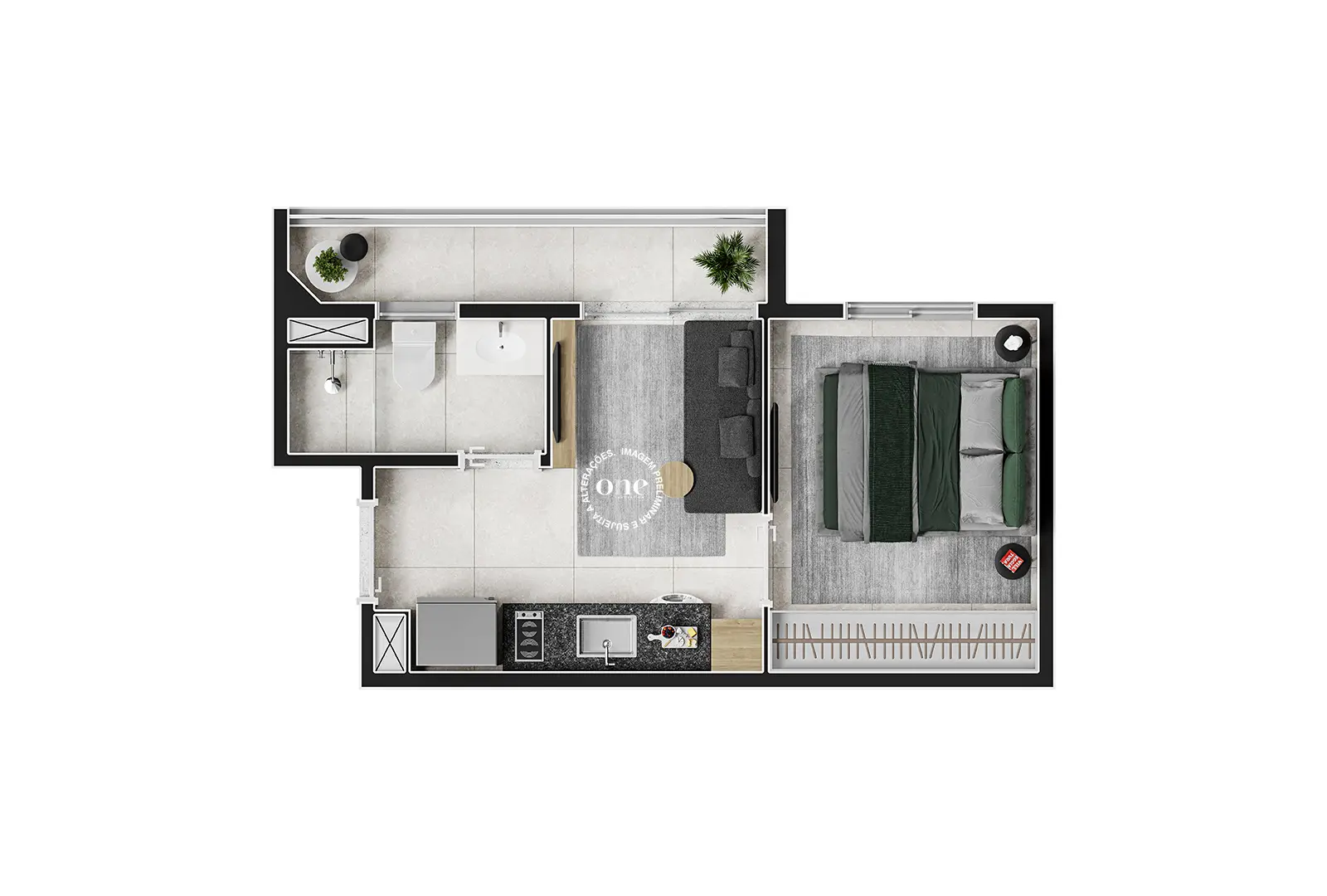 Planta 1 dormitório 27 m² Nex One Capote Valente